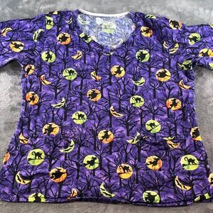 Bring It On Scrub Top XL Purple Halloween Witch Black Cat Cotton V-Neck Medical